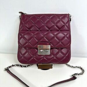 Michael Kors Quilted Burgundy Soft Leather Zip Purse Crossbody Bag Flap Pocket